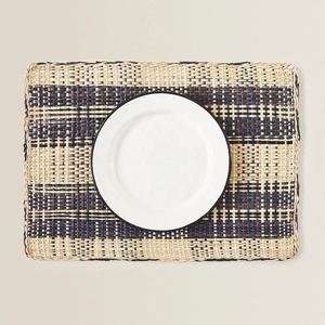 Salvamanteles rectangular de junco marino y paja tejida, con diseño a cuadros y guinga, posavasos azul marino, platos decorativos de presentación, al por mayor - Product Image 4