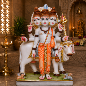 Traditional White Marble Lord Dattatreya Statue with Trishul & Kamadhenu Cow | Handcrafted Murti by MALIYAS Jaipur - Product Image 1