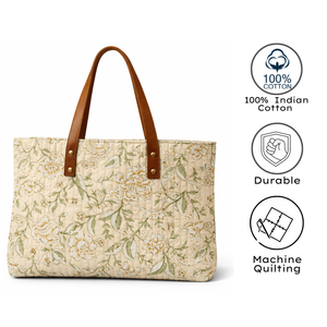 Customizable Premium Bohemian Floral Canvas Tote <b>Bag</b> Brown Leather Handles Multi Pocket Summer Autumn Jaipur Block Print Durable - Product Image 4
