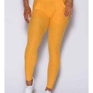 High Waist Full Length Yellow <b>Knitted</b> <b>Leggings</b> With Pockets Sporty Stretch Breathable Women's Activewear - Product Image 4