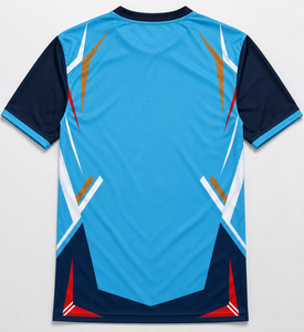 Maillot de football sublimé à col en V pour homme FURAT LEATHERS, manches courtes, anti-humidité, coupe classique, bleu marine, rouge, motif géométrique sur le devant - Product Image 2