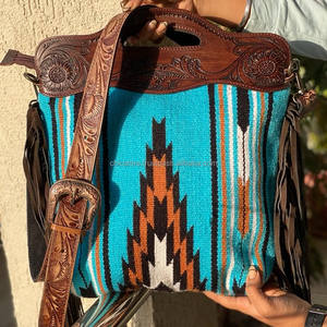 Nouveau Premium fabriqué à la main usiné Jacquard tissu frange cuir sac à bandoulière haute qualité en cuir véritable Cowgirl poignée sac à main - Product Image 2