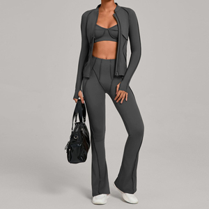 3 Piece Breathable Eco-Friendly Spandex/Polyester <b>Workout</b> Yoga Set for Women Sports Bra Leggings <b>Jacket</b> Thumbholes High Waist - Product Image 3