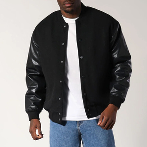 Chaqueta Varsity Negra para Hombre, Cuello Alto, Impermeable, Color Sólido, Cierre de Botones, Ropa Casual de Invierno, Corte Regular - Product Image 1