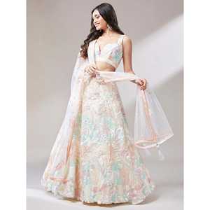 Excepcional Lehenga Choli de Lentejuelas Off-White con Dupatta, Ropa Zeel Semisellada, 2.5kg - Product Image 6