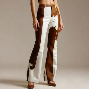 Pantalones Acampanados de Cintura Alta con Parches de Cuero, Diseño con Bloques de Color, Pantalones Casuales Estilo Otoño - Product Image 3