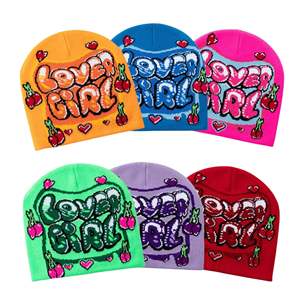 Gorros de punto sublimados con diseño personalizado OEM/ODM, gorros elásticos de algodón jacquard con logotipo bordado y lazos de frutas personalizados - Product Image 1