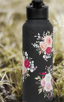 Bouteille d'eau en acier inoxydable avec motif floral, noire, réutilisable, anti-fuite, durable, en métal, pour la maison, le bureau, l'école
