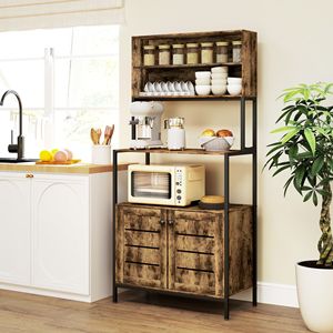 Mobiletto per Microonde BakerFT in Stile Rustico Marrone con Ante a Persiana, Arredo Cucina con Presa di Corrente e Ripiani Portaoggetti - Product Image 2