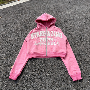 Applique Distress Patches <b>Zip</b>-<b>Up</b> Cropped <b>Hoodies</b> Custom Screen Printing Streetwear Acid Wash Hooded <b>Crop</b> Sweatshirt for Women's - Product Image 1