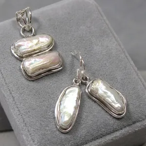 Biwa Pearl 925 Sterling Silver Fashion Pendant Earrings Jewelry Set With Elegant Handmade Design For Women Everyday Wear - Product Image 4