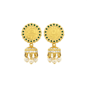 Matte Gold South Indian Jhumka Hoop Earrings with Diamond and Pearl - Product Image 1