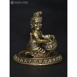 Sculpture en laiton de Krishna au beurre superfin de 3 pouces faite à la main pour la décoration intérieure, les cadeaux et les temples fabriqués en Inde - Product Image 3