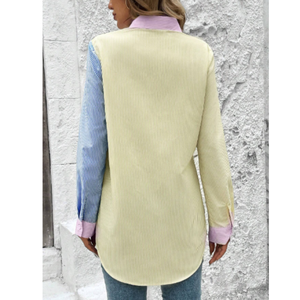 Blusa de Moda para Mujer con Cuello Alto, Estampado a Rayas en Contraste, Mangas con Volantes de Satén, Corte y Confección Tipo Smock, Camisa Casual de Oficina - Product Image 2