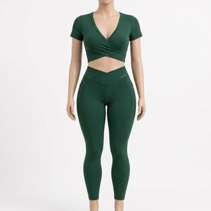 Womens Dark Green Wrap Front Yoga Set Short Sleeve Crop Top High Waist Pocket <b>Leggings</b> Gym Fitness Workout <b>Activewear</b> - Product Image 1