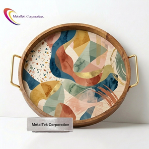 Eco-Friendly Round Mango Wood <b>Serving</b> <b>Tray</b> <b>Gold</b> Metal Handles Olive Leaf Print Decorative Platter Premium Wedding Gift Wood <b>Tray</b> - Product Image 3