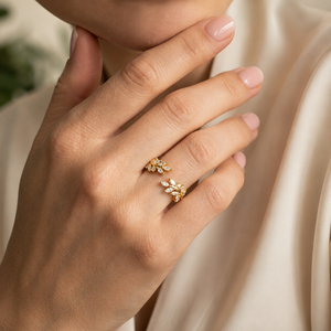 14K Plated Yellow Gold Wedding <b>Ring</b> Moissanite Open Band <b>Ring</b> Leaf Design <b>Adjustable</b> Women Engagement Jewelry - Product Image 4