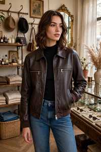 <b>Women's</b> <b>Brown</b> Genuine <b>Leather</b> Eco-Friendly Winter Moto <b>Jacket</b> Turn-down Collar Single Button Closure Long Sleeve Short - Product Image 2