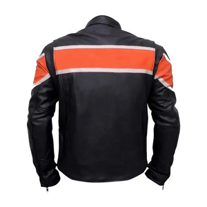 Blouson de moto en cuir PU noir pour homme avec empiècements orange, coupe-vent, style motard, col rabattable, fermeture éclair - Product Image 2