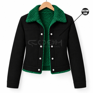 Chaqueta vaquera negra de la hermandad Cosh International Sisterhood con cuello de sherpa verde, manga larga, estilo casual para otoño. - Product Image 5