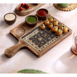 Plateau de service en bois Aqdus Saleem avec bol en céramique - Design rond moderne du milieu du siècle, artisanal, vente en gros - Product Image 4