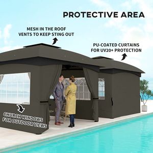 Gazebo da Esterno 3,35m x 3,35m con Doppio Tetto, Struttura in Acciaio Zincato, Finestre a Chiesa e Tende, Tettoia e Pergola Grigio Scuro - Product Image 5