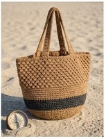 Sac fourre-tout vintage au crochet avec broderie, couleur unie, ouverture supérieure, doublure en coton, sac à main d'été pour femme