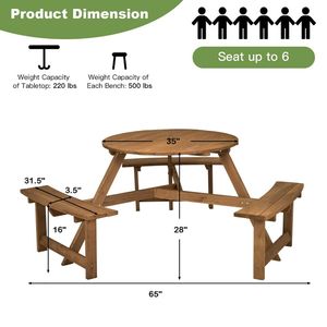 Mesa de Picnic Redonda de Madera para 6 Personas con Orificio para Sombrilla y 3 Bancos Integrados para Jardín - Product Image 6