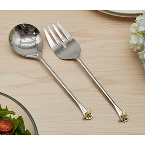Ensemble de 2 cuillères à salade en métal plaqué argent au design vintage, ustensiles élégants avec manche en bambou, finition polie, vaisselle - Product Image 4