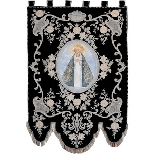 Custom Hand Embroidered Black Velvet Religious Standard Christian Church Processional <b>Banner</b> with Silver Bullion Flowers & Crown - Product Image 1