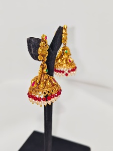 Antique 22k Solid Gold <b>Drop</b> <b>Earrings</b> Handcrafted Lakshmi Motif Wedding Jewelry with Green <b>Emeralds</b> and Natural Pearls - Product Image 2