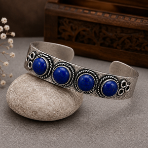 Natural Lapis Lazuli Four Stone Wide <b>Cuff</b> Bangle Handmade <b>Silver</b>/Gold Brass Unisex Statement Jewelry Vintage Heritage Design - Product Image 3