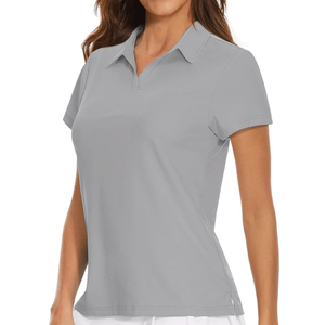 Chemise de golf sur mesure pour femme en tissu tricoté, style décontracté, respirante et écologique, idéale pour l'été, couleur gris - Product Image 1