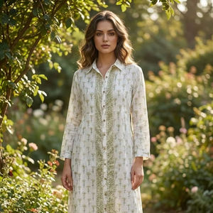 Vestido Camisero Maxi de Algodón Blanco con Botones y Estampado Floral Verde, Vestido de Fiesta de Verano para Jardín, Estilo Boho Chic con Cuello - Product Image 1