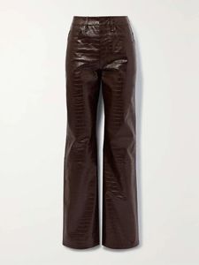 Pantalon large marron taille haute pour homme en cuir véritable, style décontracté chic, avec braguette boutonnée et devant plat - Product Image 3
