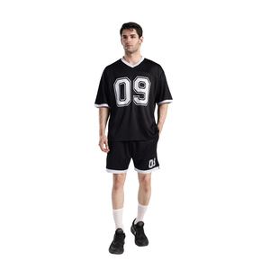 Ensemble de maillot de basket-ball noir pour hommes, col en v, manches courtes, numéro 09, vêtements de sport en polyester anti-humidité, toutes saisons - Product Image 1