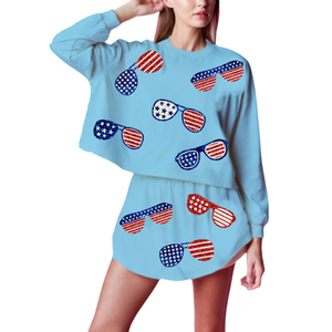 Sweat-shirt blanc à patchs uniques avec col rond et sweatshirts en coton éponge pour la fête nationale des États-Unis pour femmes et filles - Product Image 2