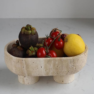 Bol décoratif en travertin naturel, 10 petits plateaux ovales sur piédestal, fait main, beige - Product Image 3