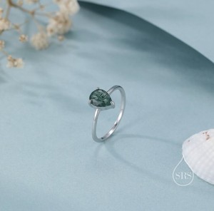 Anillo de compromiso clásico de una sola piedra de ágata musgosa con corte de pera de 1 quilate en plata de ley, anillo de ágata musgosa con forma de gota - Product Image 1