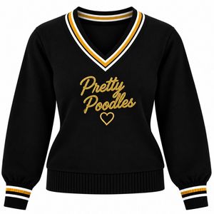 Suéter de Punto con Cuello en V para Mujer, Diseño Personalizado con Letras Bordadas, Manga Larga, Cuello y Puños en Contraste de Poliéster/Algodón Grueso - Product Image 1