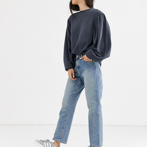 Oversized Crew Neck Sweatshirt Women 100% Cotton Puff Sleeve Knitted Solid Color Autumn Casual <b>Top</b> - Product Image 2