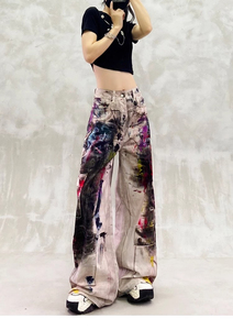 Jean baggy droit pour femme, motif éclaboussures de peinture, graphique artistique, cargo, style Y2K, streetwear oversize, été, devant plat, respirant, délavé - Product Image 2