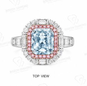 Masterpiece <b>cocktail</b> <b>ring</b> in 18K white <b>gold</b> with cushion cut fancy blue diamond halo of pink diamonds round and baguette diamond - Product Image 4