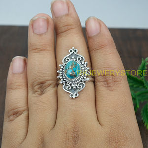 แหวนพลอยเทอร์ควอยซ์สีน้ำเงินทองแดง แหวนเงินแท้ 925 แหวนสไตล์โบโฮทำมือ แหวนสัญญา แหวนเครื่องประดับเทอร์ควอยซ์สุดพิเศษ ของขวัญ - Product Image 5