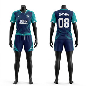 Tenue de football pour femmes en tissu polyester premium 155 GSM, bleu marine et vert sarcelle avec empiècements contrastants, logo personnalisé sublimé, nom et numéro inclus. - Product Image 1