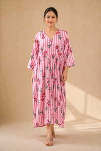 <b>Cherry</b> Print Floral Cotton Kaftan <b>Dress</b> Hand Block Printed Long Maxi V Neck Side Tie Women Vintage Formal Floor-Length Lounge - Product Image 1