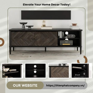 Meuble TV en bois d'acacia massif, design à panneaux en chevrons, rustique, moderne, écologique, multifonctionnel, console de rangement multimédia pour salon - Product Image 6