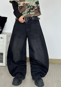 Pantalones Vaqueros Harem de Hip Hop para Hombre, Corte Holgado, Pierna Ancha, Color Negro Lavado, con Logotipo Estampado en la Parte Trasera, Estilo Otoñal - Product Image 4