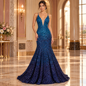 Teal to Midnight Ombre <b>Sequin</b> Mermaid Evening Gown with Deep V Neck | Floor Length Formal Dress with Slim Straps and Flared Hem - Product Image 2