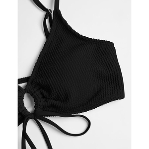 Conjunto de Bikini Clásico Negro para Mujer, Textura Acanalada, Traje de Baño de Dos Piezas, Cintura Alta, Control de Abdomen - Product Image 4